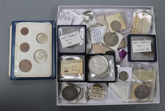 A collection of UK silver coins, Victoria and later, including half crowns, godless florins etc